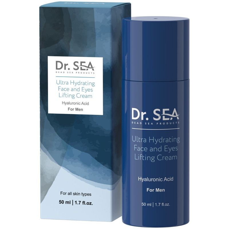 Blaue Creme-Tube und Schachtel. Aufschrift: Dr. SEA, Ultra Hydrating Face and Eyes Lifting Cream, Hyaluronsäure, For Men.