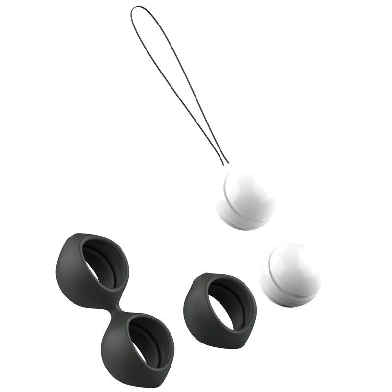 Zwei weiße Kegelkerne und zwei schwarze Ringe, einer davon mit Schlaufe, auf weißem Hintergrund.