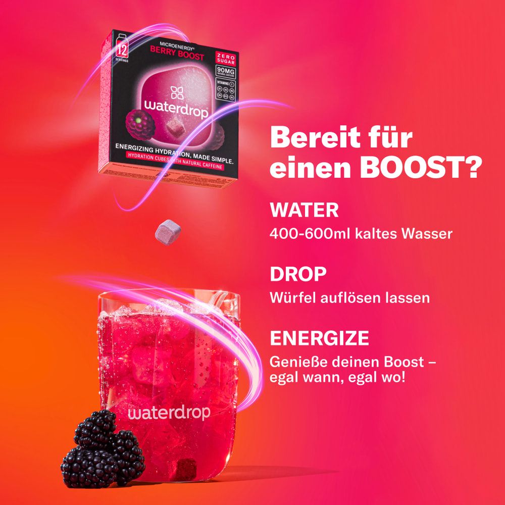 Drei waterdrop® Microenergy Boost Würfel in Beere, Kirsche und Mango Geschmack.