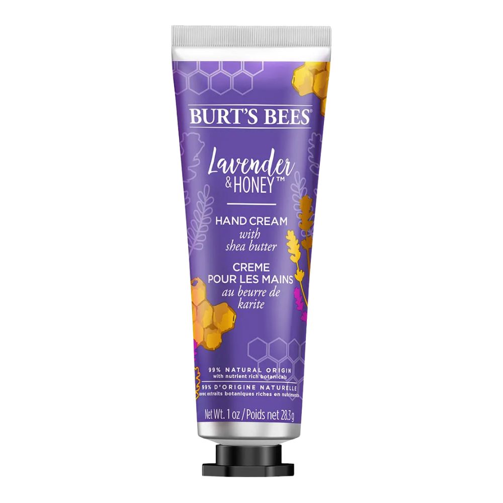 Handcreme-Tube mit Lavendel- und Honig-Design. Text: Burt's Bees, Lavendel & Honig, Handcreme mit Sheabutter. Nettoinhalt: 1 oz.