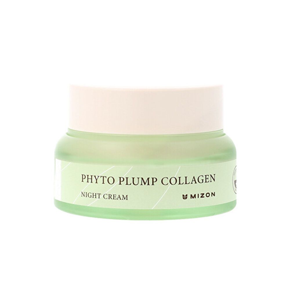 Grüne Glasdose mit beigem Deckel. Aufschrift: Phyto Plump Collagen Night Cream. Marke: Mizon.