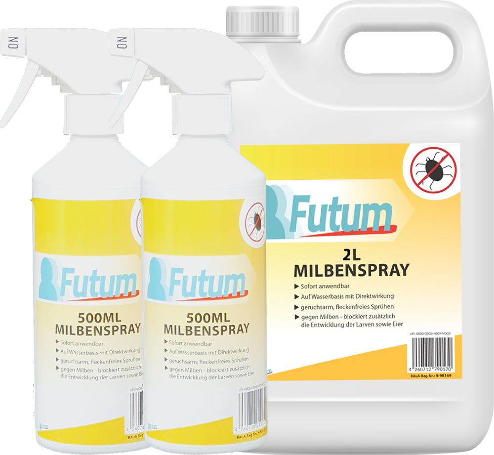 Drei Behälter FUTUM Milbenspray. Zwei Sprühflaschen 500ml, eine 2L-Kanister. Gelb-weiße Etiketten, Sprühköpfe. Text: Milbenspray, Auf Wasserbasis.