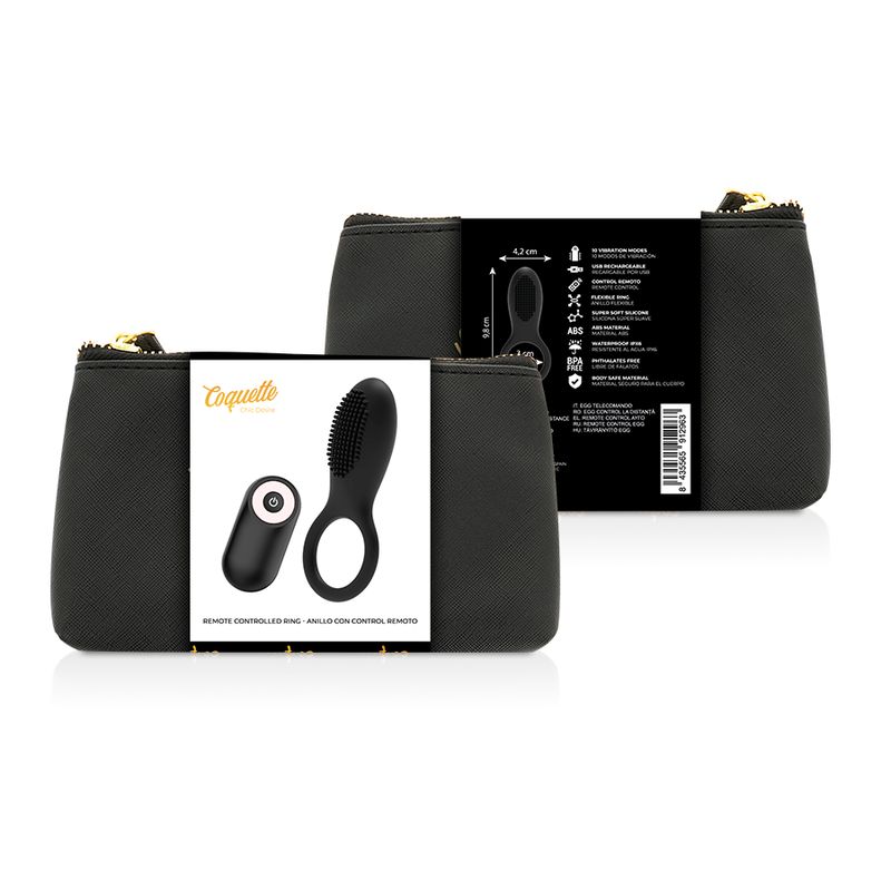 Schwarze Tasche mit Reißverschluss. Auf der Vorderseite Produktverpackung mit Vibrationsring und Fernbedienung. Auf der Rückseite Produktinformationen.