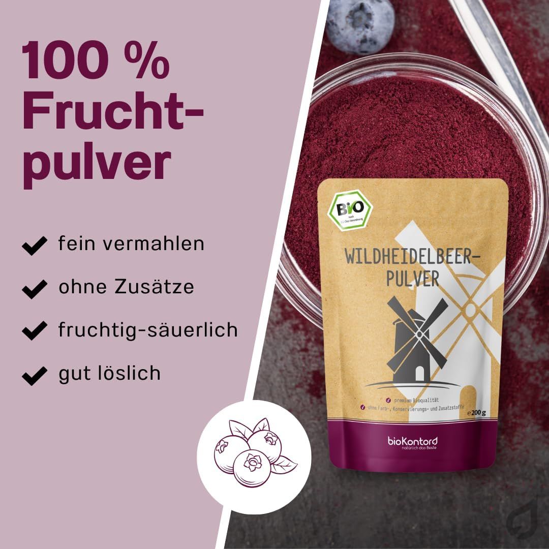 bioKontor Wildheidelbeer Pulver: 100% Fruchtpulver, fein vermahlen, ohne Zusätze, fruchtig-säuerlich, gut löslich.