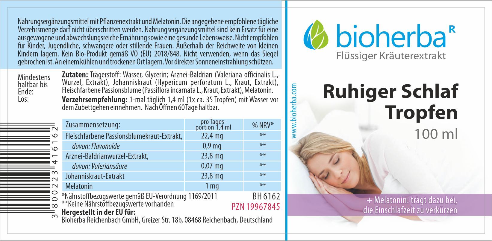 Weißes Etikett mit Produktname und Logo. Enthält Informationen zu Inhaltsstoffen und Nährwerten. Abbildung einer schlafenden Frau.