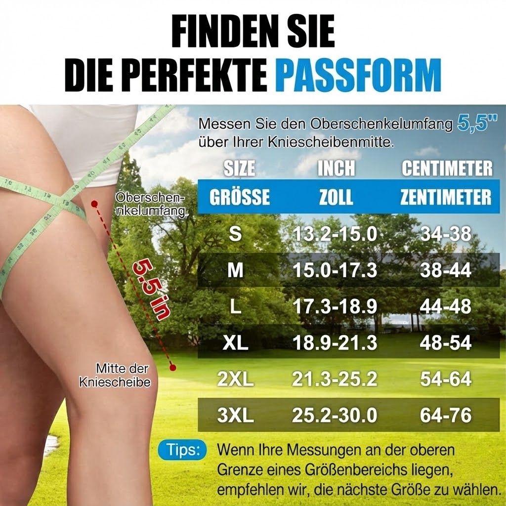 Größentabelle für Kniebandagen mit Maßband und Größenangaben in Zoll und Zentimeter.