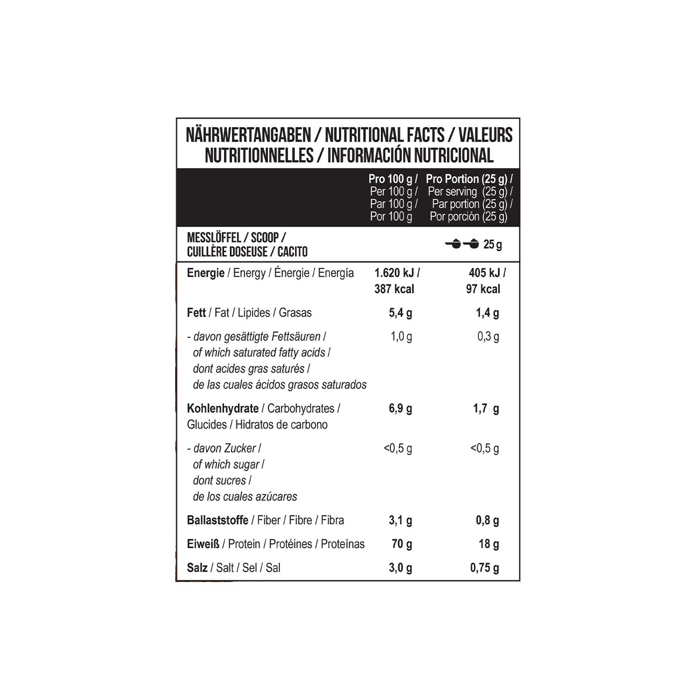 Nährwerttabelle für MST EGG WHITE PROTEIN, pro 100g und pro Portion.