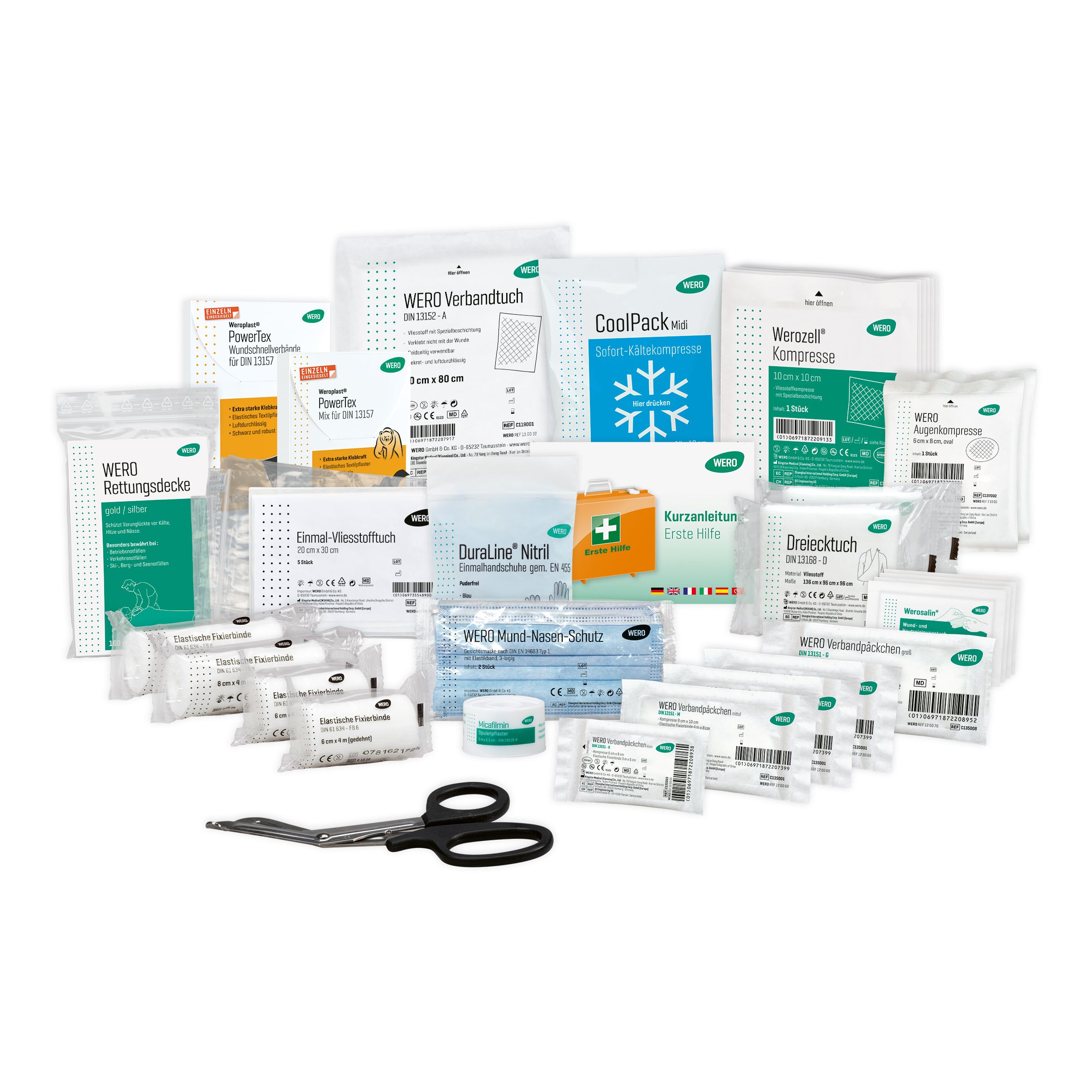 Erste-Hilfe-Set mit Verbandsmaterial, Kühlkompresse, Schere, Dreiecktuch, Handschuhen und weiteren Artikeln. Viele Einzelverpackungen.