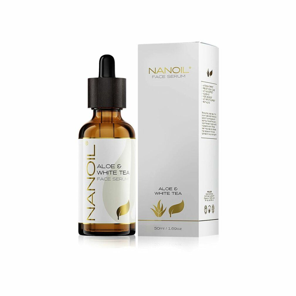 Braune Glasflasche mit Pipette und Verpackung. Aufschrift: NANOIL Aloe & White Tea Face Serum. Weißer Karton mit Produktinformationen.