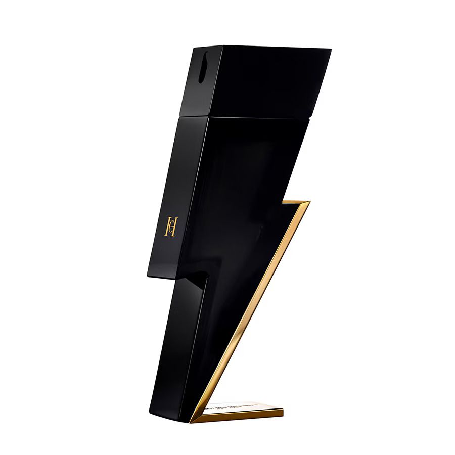 Schwarzer Flakon in Blitzform mit goldfarbenen Akzenten. Logo "CH" auf der Seite. Steht aufrecht.