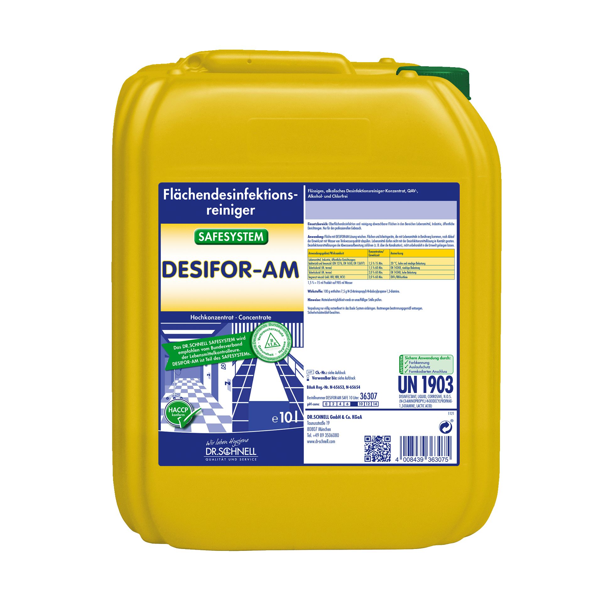 Gelber Kanister mit grünem Deckel. Aufschrift: Flächen-Desinfektionsreiniger, DESIFOR-AM, Dr. Schnell. Enthält Informationen und Zertifizierungen.