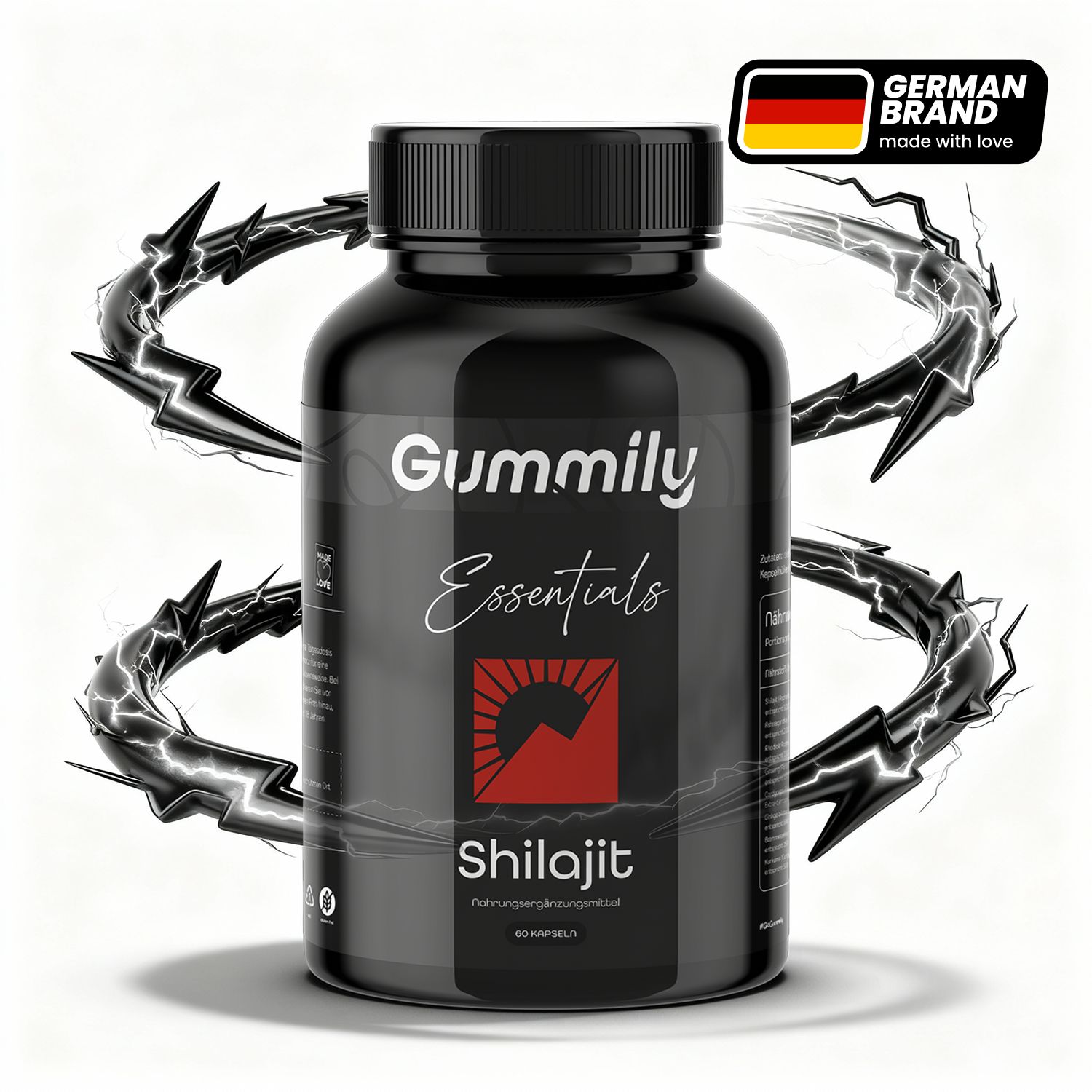 Schwarze Flasche mit Gummily Essentials Shilajit Kapseln. Deutsches Markenlogo. Blitz-Design.