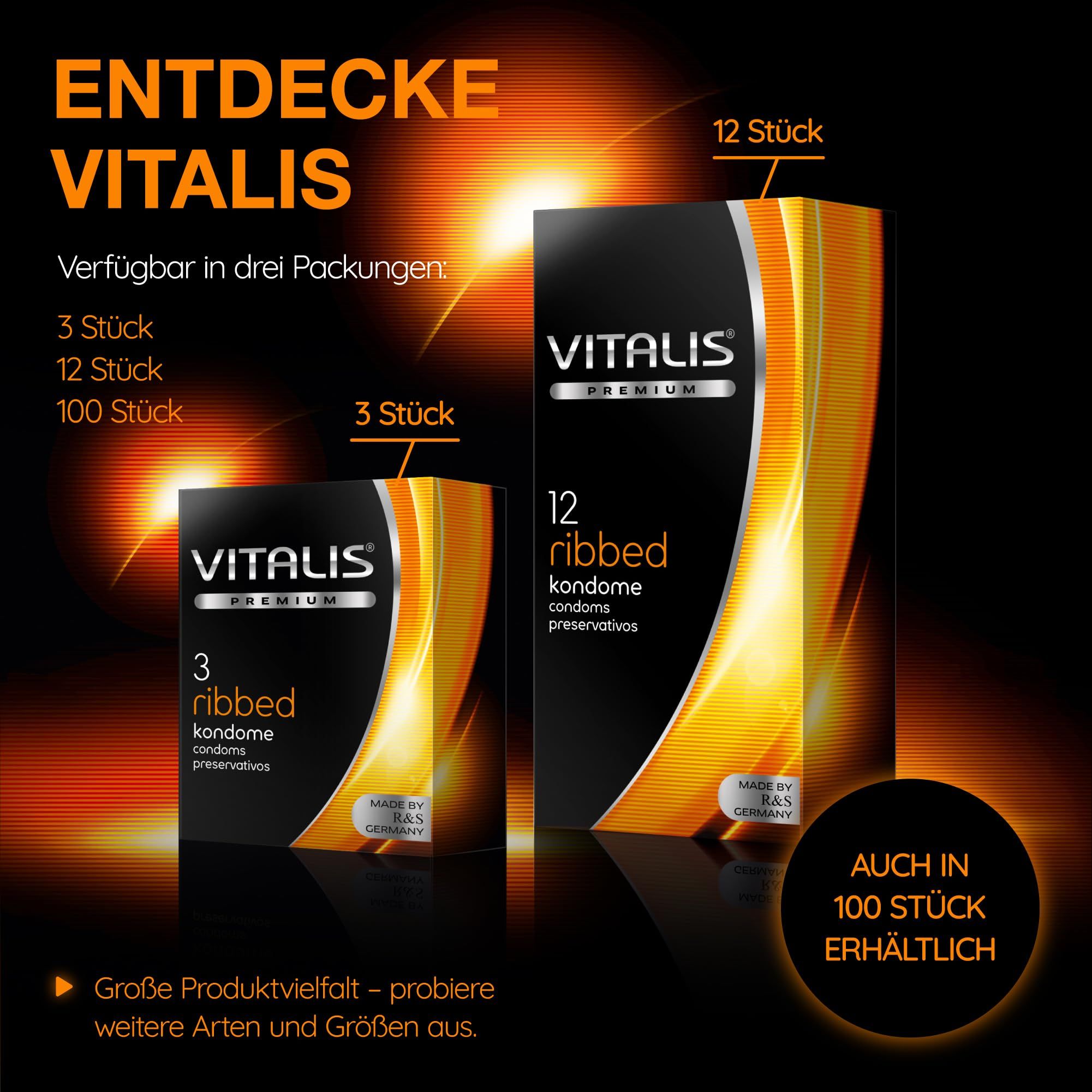 Vitalis Kondome: Verpackungen mit 3, 12 und 100 Stück. Auch in 100 Stück erhältlich.