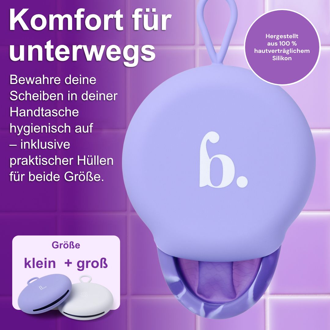 Lila Menstruationsscheibe mit Rückholband und Griffpunkten.