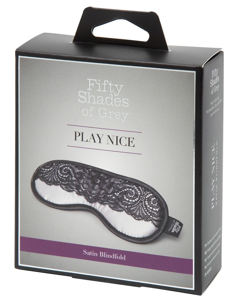 Schwarze Box mit Augenmaske. Aufschrift "Fifty Shades of Grey - Play Nice". Satin-Augenmaske mit Spitze.