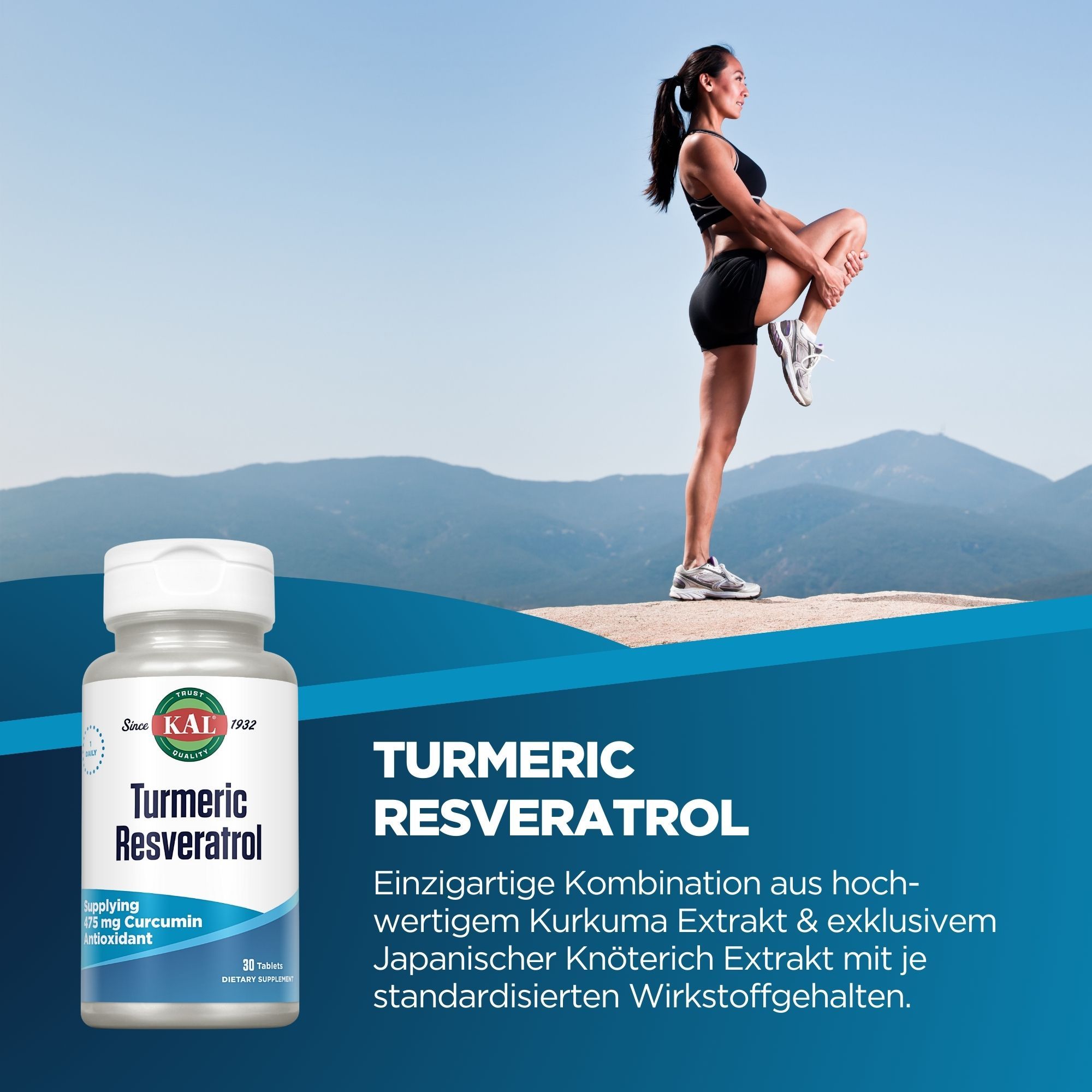 Eine Flasche Solaray Turmeric Resveratrol neben einer Frau, die sich dehnt. Text: Turmeric Resveratrol, 30 Tabletten, 475 mg Curcumin.