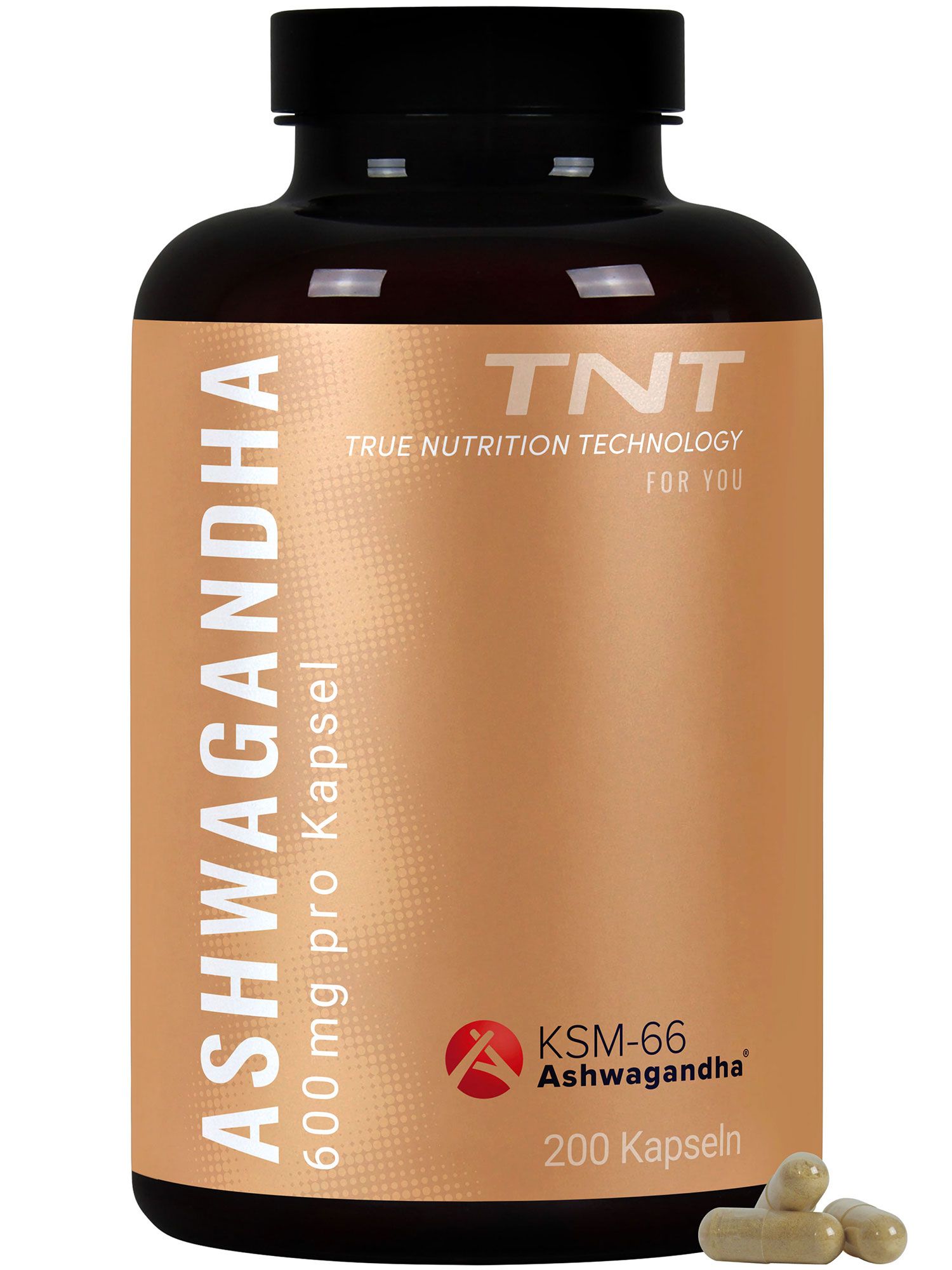 Braune Flasche TNT Ashwagandha KSM-66® mit Kapseln. Aufschrift: 600 mg pro Kapsel, 200 Kapseln. Kapseln liegen daneben.