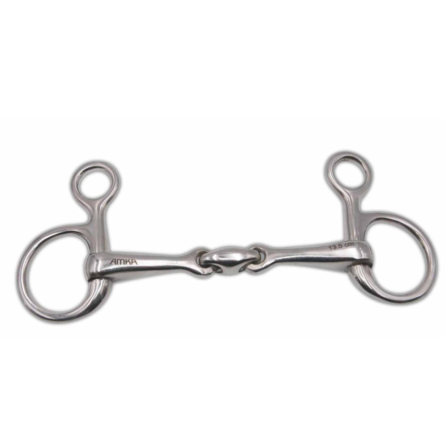 Doppelt gebrochene Trense aus Edelstahl. AMKA-Logo. 13,5 cm.