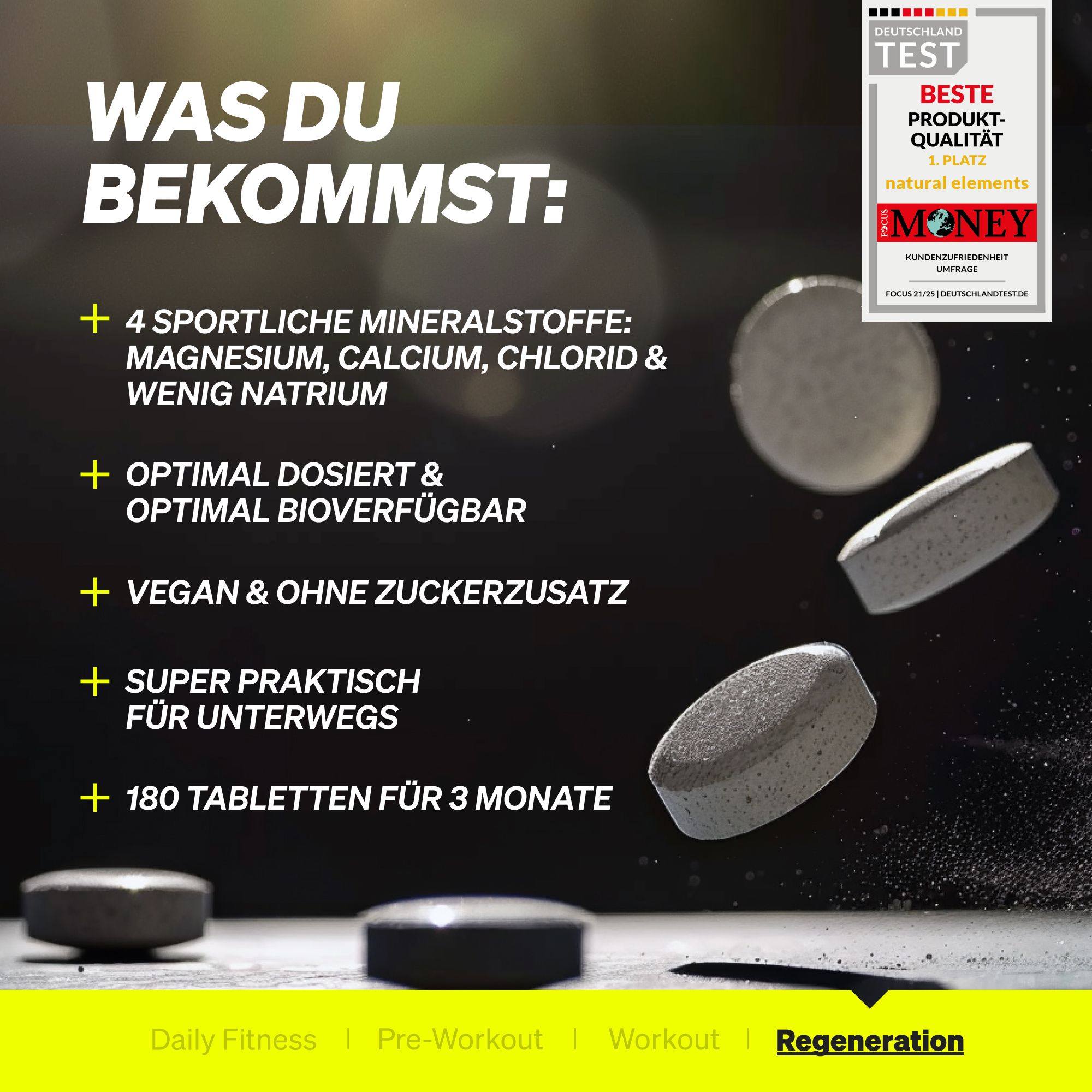 Tabletten und Text. Enthält 4 Mineralstoffe: Magnesium, Calcium, Chlorid & wenig Natrium. Vegan & ohne Zuckerzusatz. 180 Tabletten für 3 Monate.