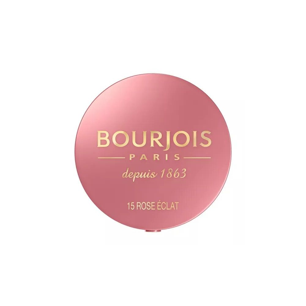 Runder, rosafarbener Behälter mit goldfarbenem Schriftzug. Aufschrift: BOURJOIS PARIS, depuis 1863, 15 ROSE ÉCLAT.