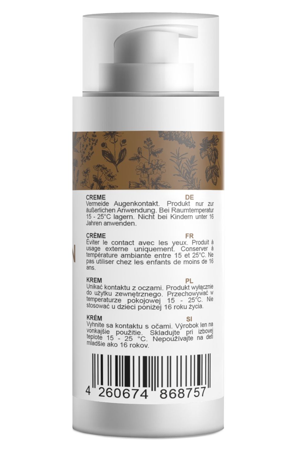 Creme-Flasche mit Pumpe. Aufschrift: Creme, DE, FR, PL, SI. Braunes Etikett mit Pflanzenmuster. Weißer Hintergrund.