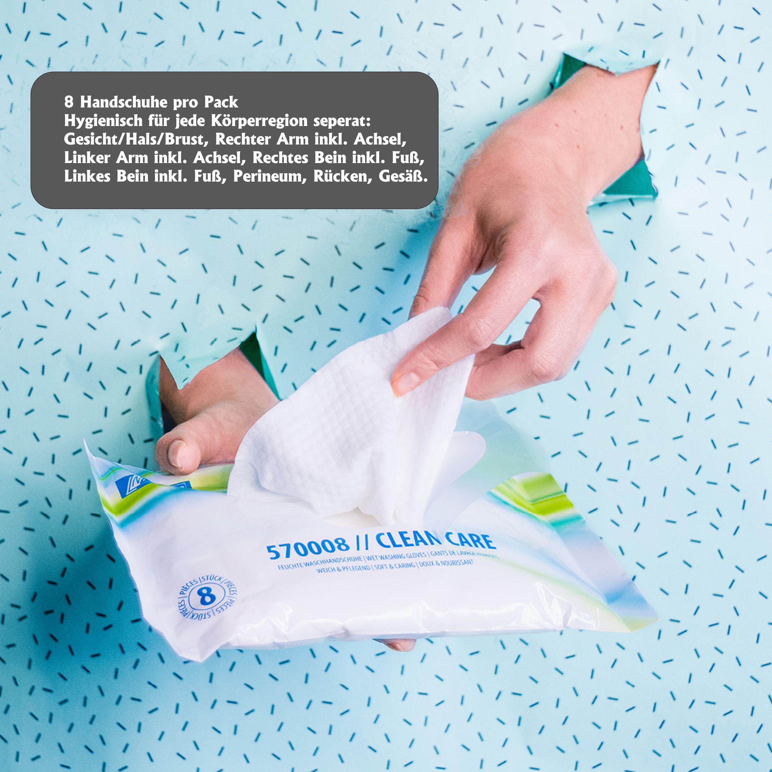 Hand greift durch ein Loch und entnimmt ein CLEAN CARE Waschhandschuh. Verpackung mit 8 Handschuhen.