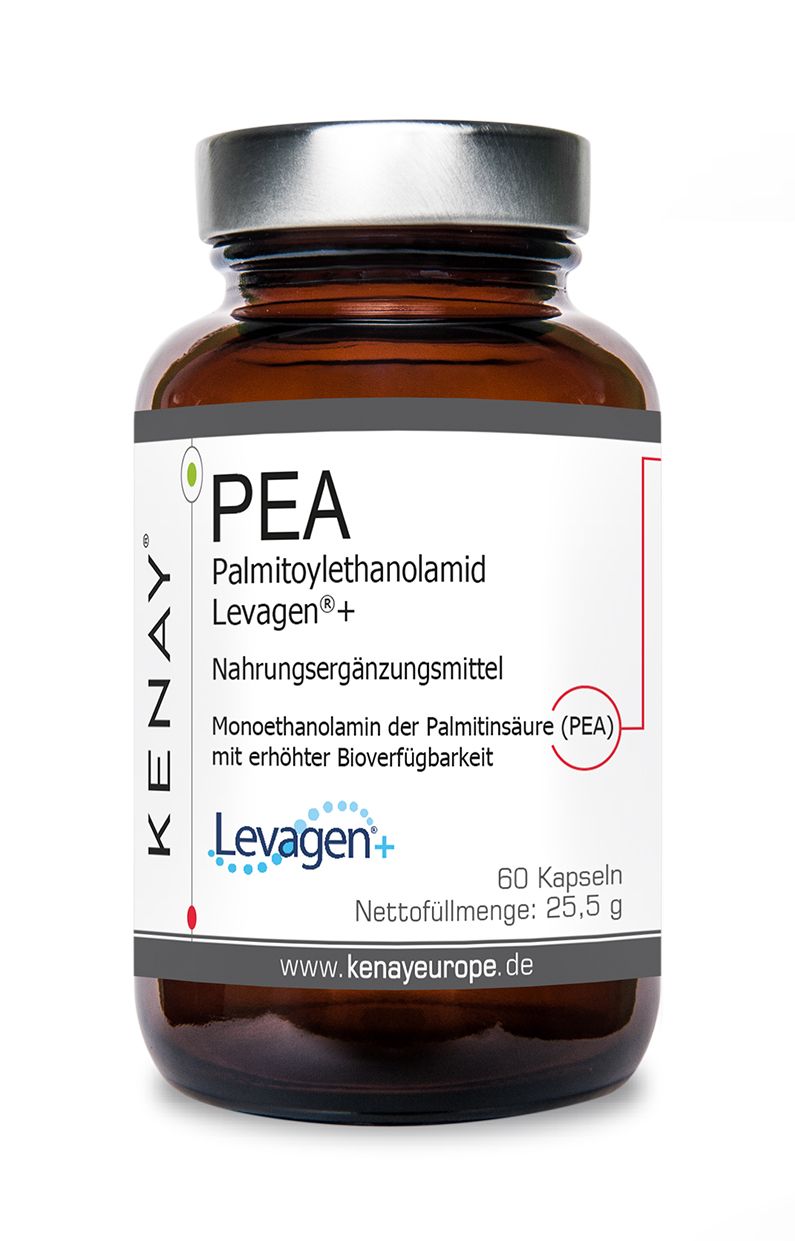 Braune Glasflasche mit Kapseln. Etikett mit Produktnamen PEA Levagen+ und KENAY-Logo. 60 Kapseln.
