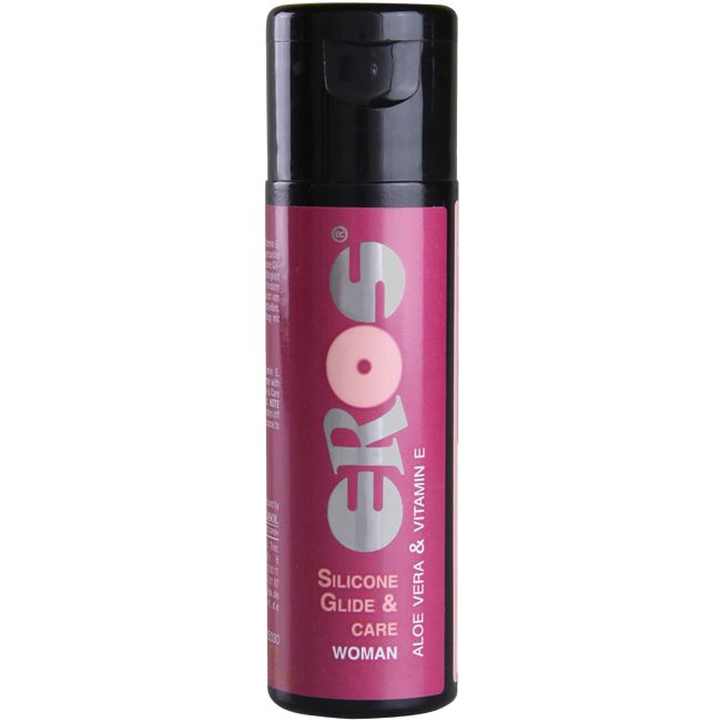 Zylinderförmige Flasche mit schwarzem Deckel. Aufschrift: EROS, Silicone Glide & Care, Aloe Vera & Vitamin E, WOMAN.