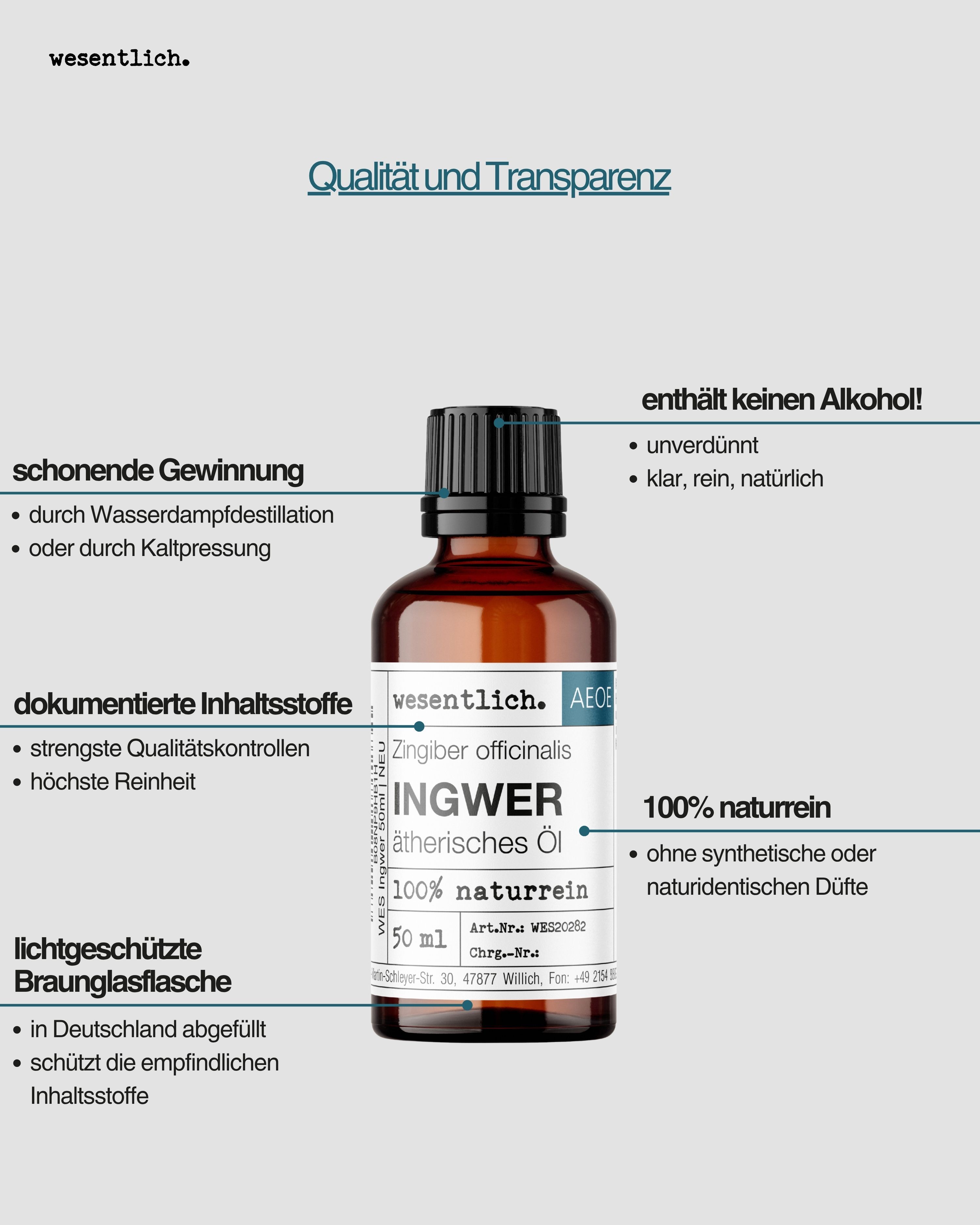 Flasche Ingweröl mit Etikett "100% naturrein". Links: "schonende Gewinnung", "dokumentierte Inhaltsstoffe", "lichtgeschützte Braunglasflasche".