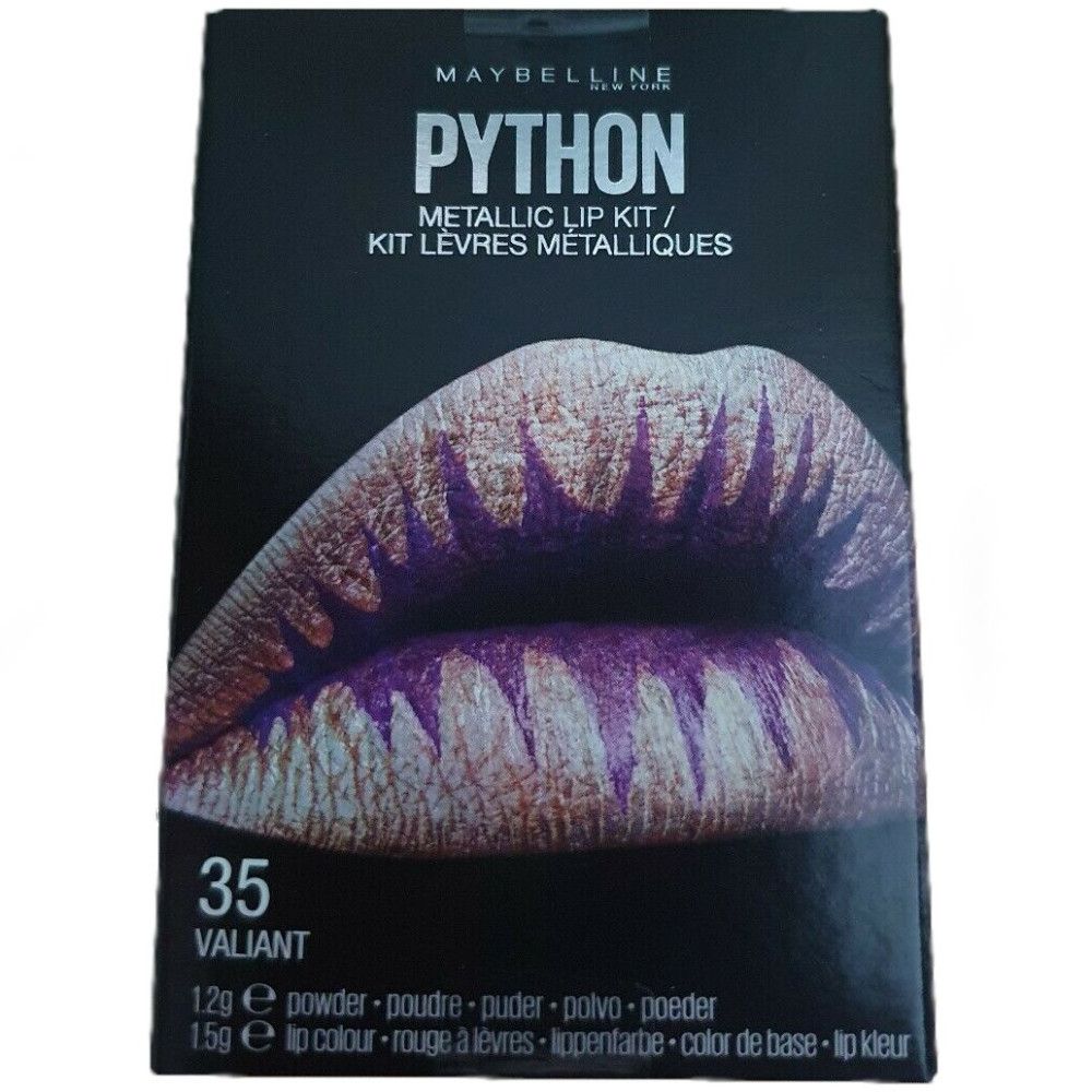 Maybelline Python Metallic Lip Kit. Schwarze Verpackung mit Lippen-Illustration. Enthält Produktnamen, Farbton und Inhaltsangaben.