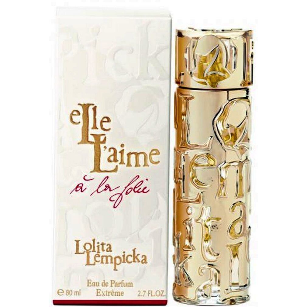 Goldfarbener Flakon und Verpackung. Schriftzug: Elle L'Aime à la folie, Lolita Lempicka. Eau de Parfum. Extrême.