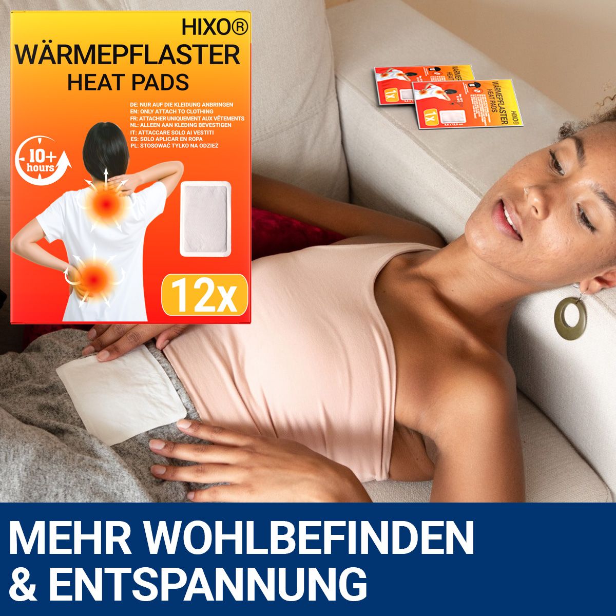 HIXO Wärmepflaster-Packung und Wärmepflaster. Frau liegt auf Couch. Text: Mehr Wohlbefinden & Entspannung. 12 Stück Packung.