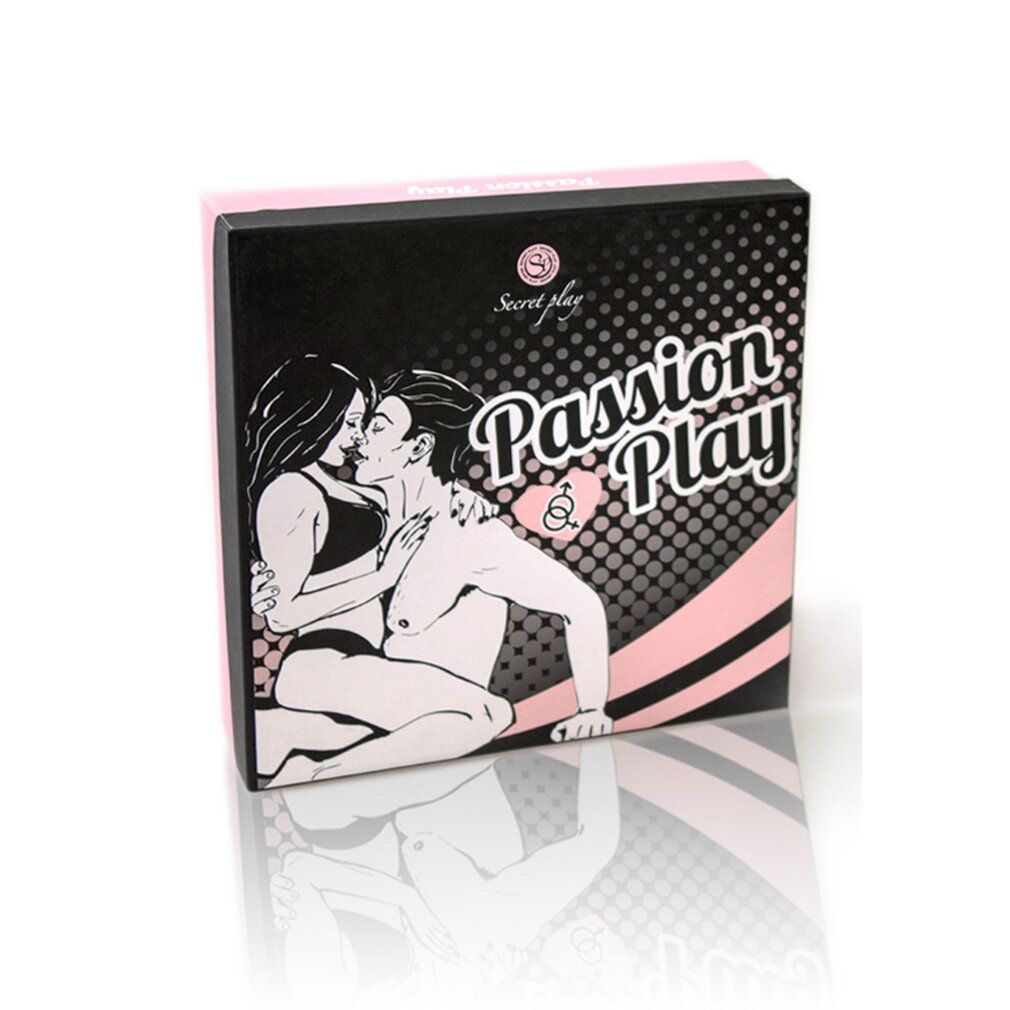 Schwarze und rosa Spielbox. Aufdruck: Paar, Schriftzug Passion Play. Marke Secret Play. Rosa Deckel. Illustration eines Paares.