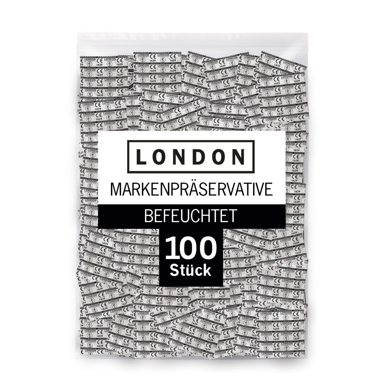 Beutel mit Kondomen. Aufschrift: LONDON, MARKENPRÄSERVATIVE, BEFEUCHTET. Schwarzes Feld mit "100 Stück".