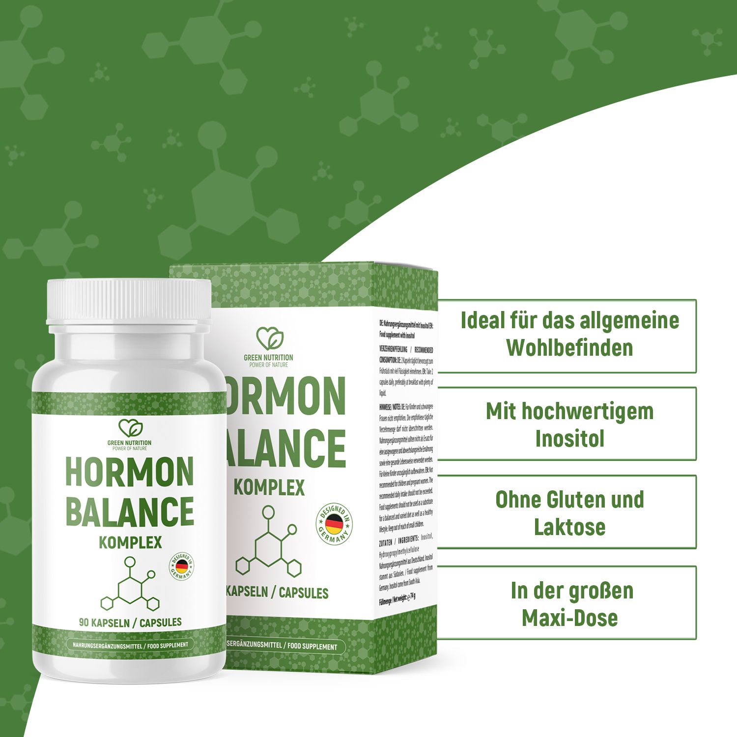 Hormonbalance Komplex Kapseln von Green Nutrition. Weiße Kapsel-Flasche und Schachtel. Text: Hormon Balance Komplex, 90 Kapseln. Vorteile: Wohlbefinden, Inositol, glutenfrei, Maxi-Dosis.