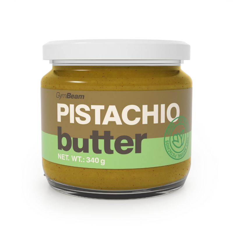 GymBeam Pistazienbutter in einem Glas mit weißem Deckel. Nettofüllmenge 340g.