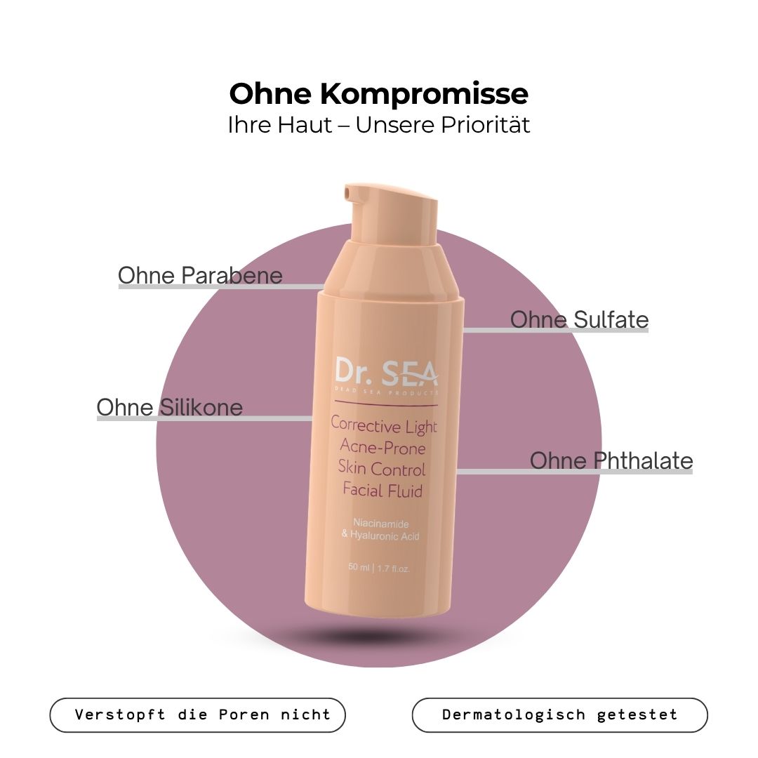 Beige Flasche. Aufschrift: Dr. SEA, Corrective Light, Acne-Prone Skin Control Facial Fluid. Text über Inhaltsstoffe.