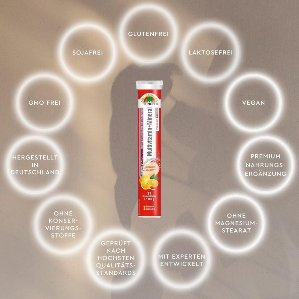 Kreisförmige Symbole um eine Brausetabletten-Tube. Text: Glutenfrei, Vegan, Ohne Magnesiumstearat, Hergestellt in Deutschland.