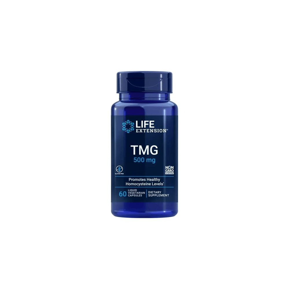 Blaue Flasche mit Kapseln. Aufschrift: LIFE EXTENSION TMG 500 mg. 60 Kapseln. Vegan, Nahrungsergänzungsmittel.