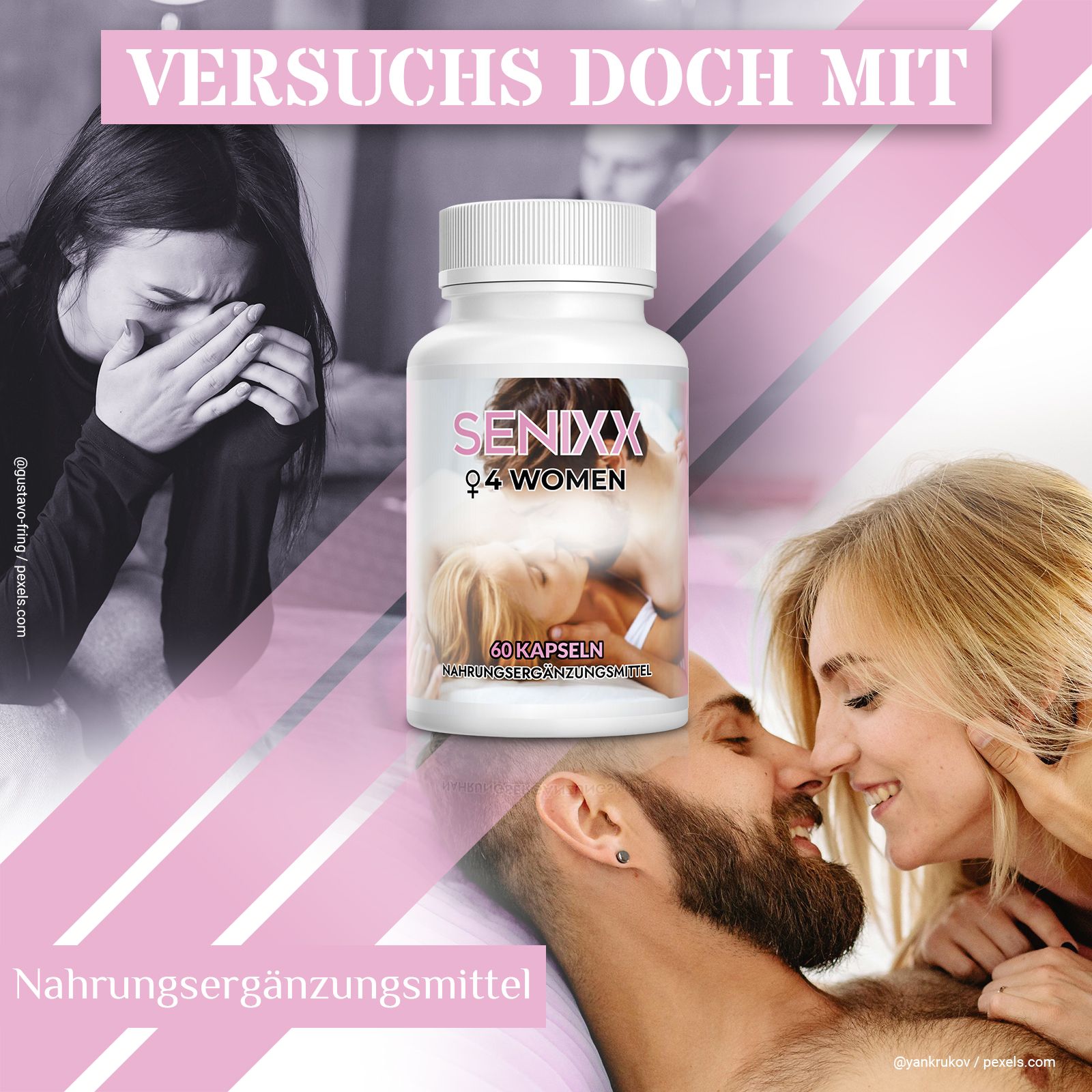Weißes Pillenfläschchen mit Senixx 4 Women-Etikett. Aufschrift: 60 Kapseln. Hintergrund: Paare, weinende Frau. Text: Nahrungsergänzungsmittel.