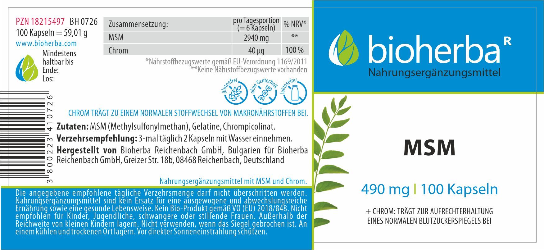 Etikett mit Produktinformationen. MSM-Kapseln, 100 Stück, 490 mg. Bioherba-Logo und Inhaltsstoffe.