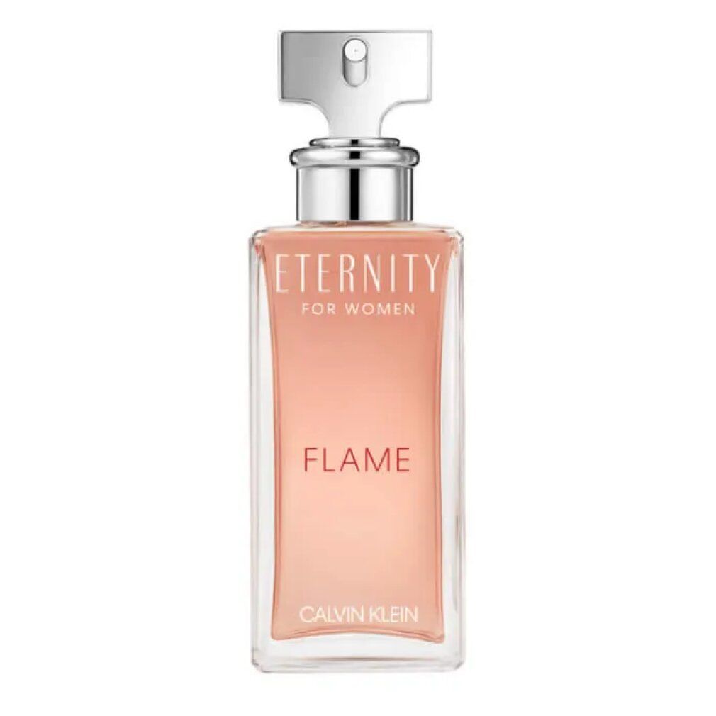 Eternity Flame Flakon. Rechteckige Glasflasche mit silbernem Verschluss. Rosa Flüssigkeit sichtbar.
