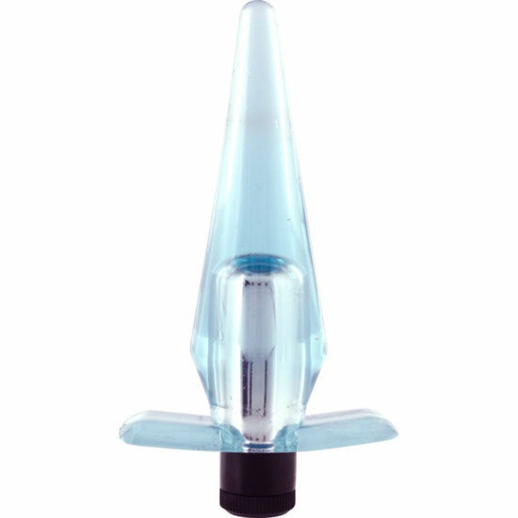 Hellblauer Analplug mit konischer Spitze, silberfarbenem Mittelteil und Basis. Mit vierflügeligem Griff.