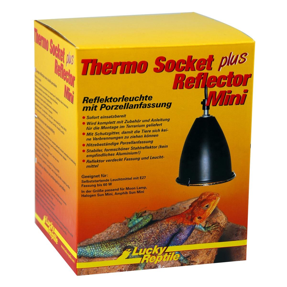 Gelber Karton mit Produktabbildung. Aufschrift: Thermo Socket plus Reflector Mini. Schwarzer Reflektor mit Porzellanfassung.