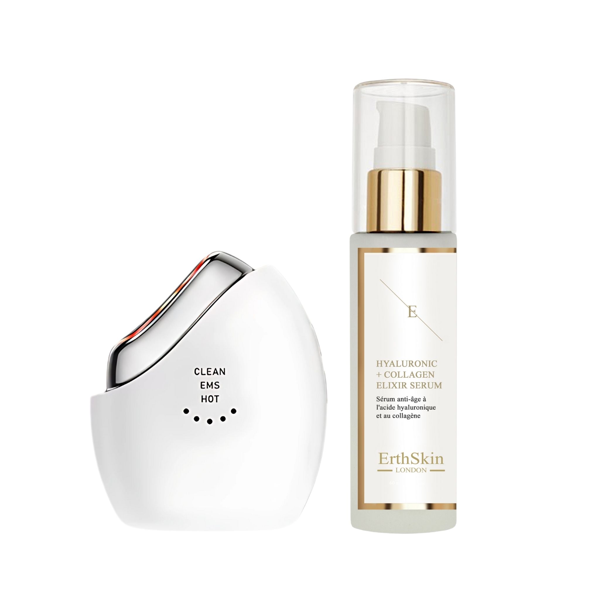 Weißer LED Sculptor und Serumflasche. Sculptor mit silbernen Akzenten. Serum mit goldener Kappe. Text: ErthSkin, Hyaluronic + Collagen Elixir Serum.