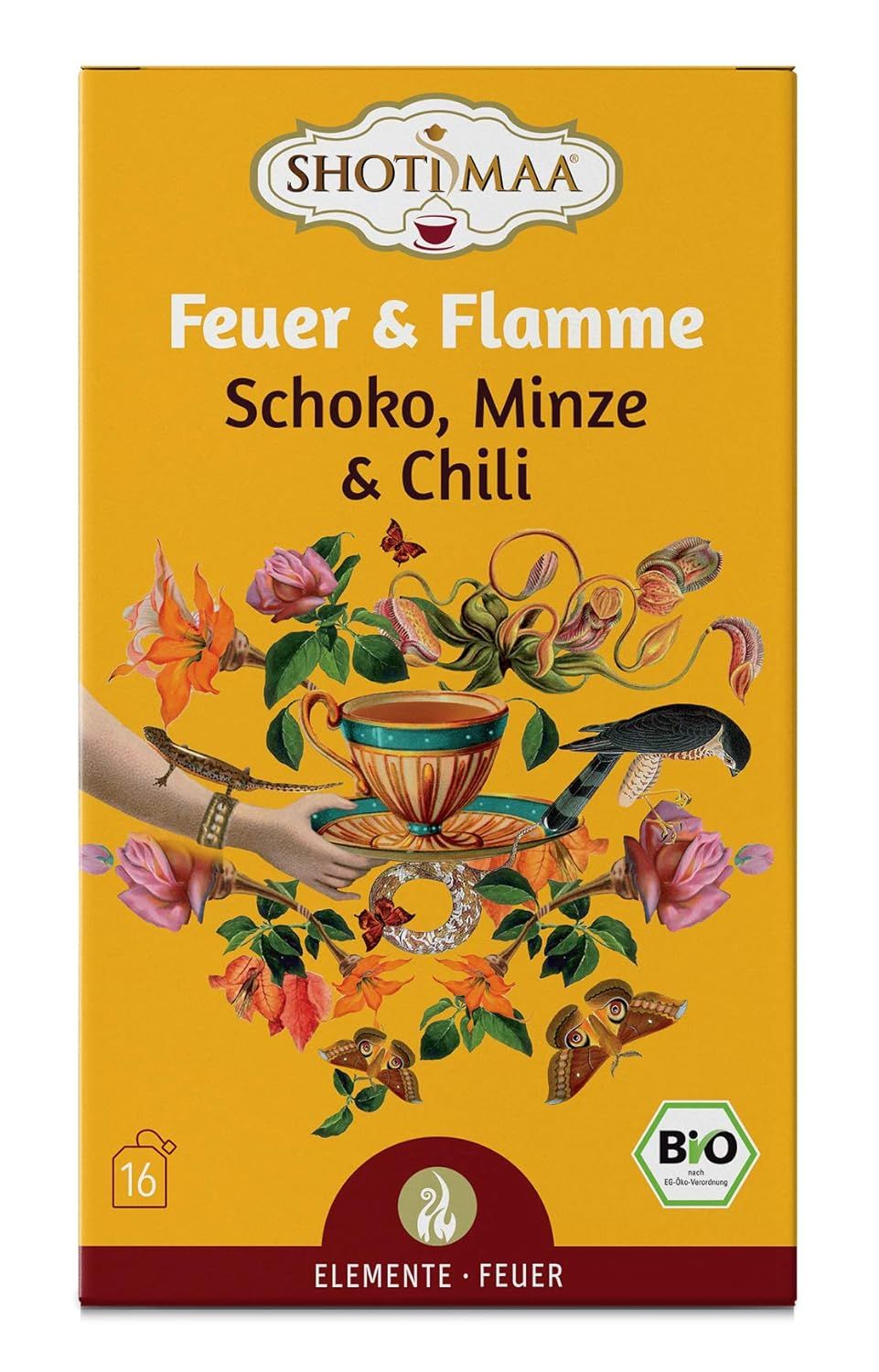Shoti Maa 5 Elemente Tee Feuer & Flamme Schoko, Minze & Chili Packung mit 16 Beuteln. Bio-Siegel und Element Feuer Symbol.