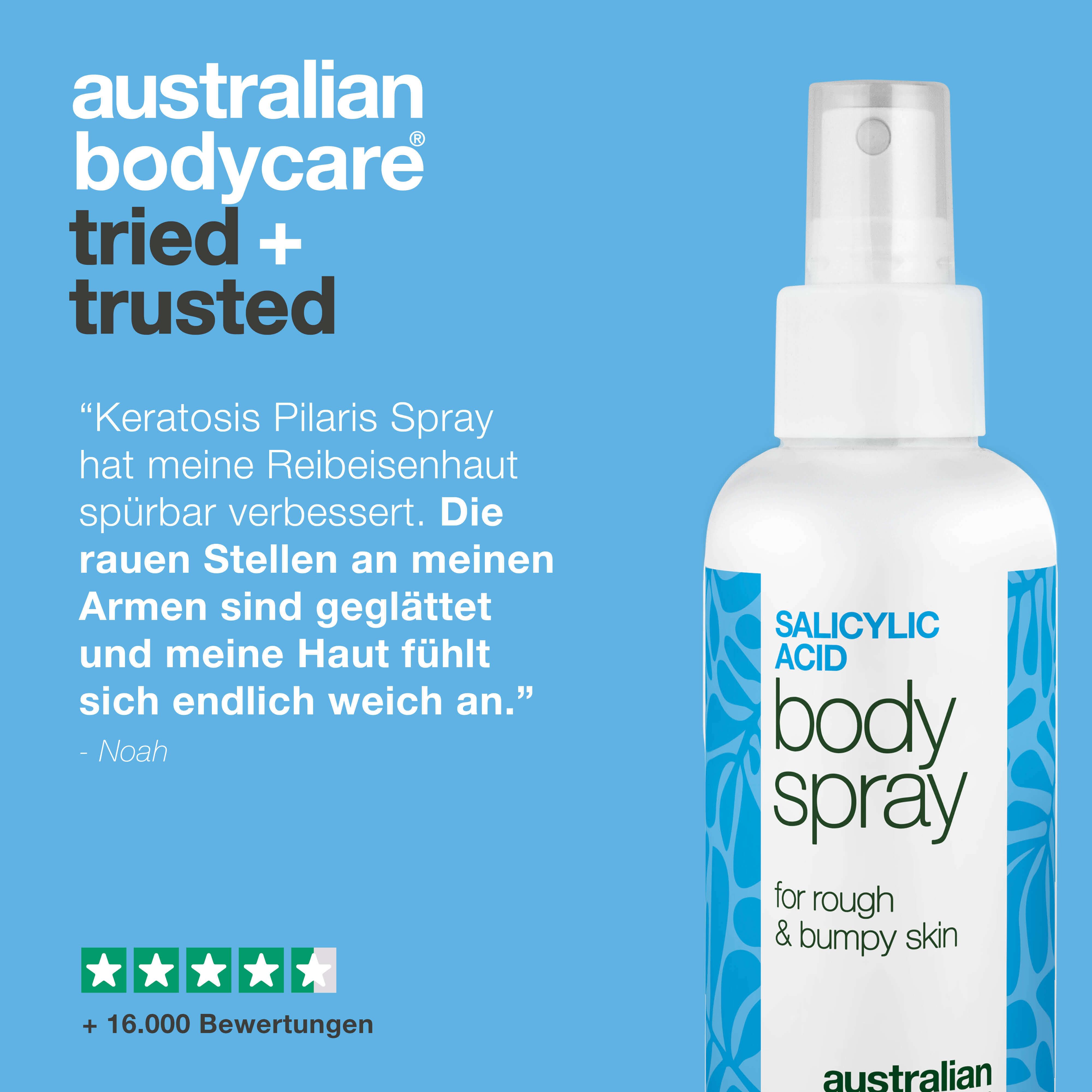 Produkt mit Text: Keratosis Pilaris Spray hat meine Reibeisenhaut verbessert. Noah. 5 Sterne Bewertung.