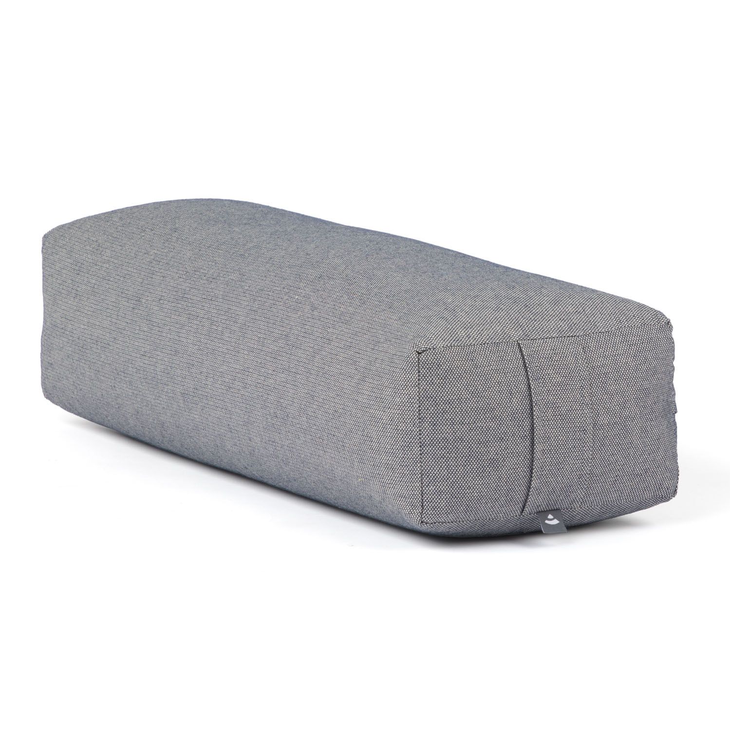 Graues Yoga-Bolster. Dobby-Gewebe. Rechteckige Form. Logo-Detail.