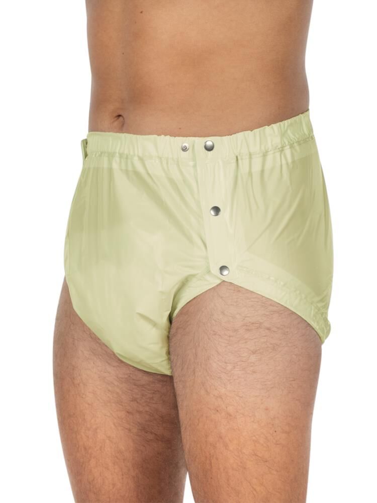 Hellgrüne Inkontinenz-Slip mit seitlichen Druckknöpfen. PVC-Material. Elastischer Bund. Seitliche Öffnung mit drei Knöpfen.