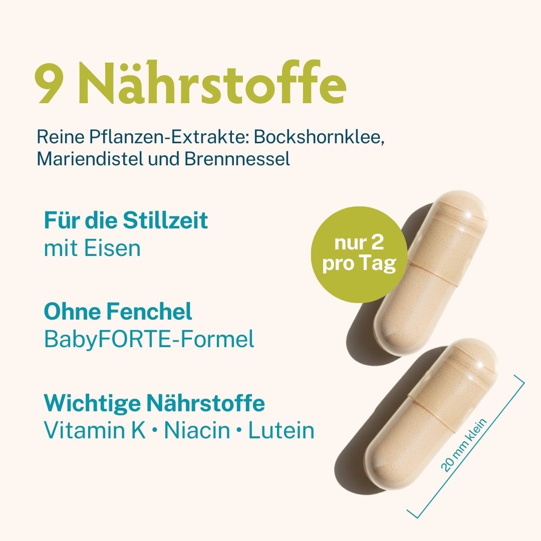 Zwei beige Kapseln. Text: 9 Nährstoffe, ohne Fenchel, BabyFORTE-Formel. Aufschrift: nur 2 pro Tag. Maße: 20 mm.